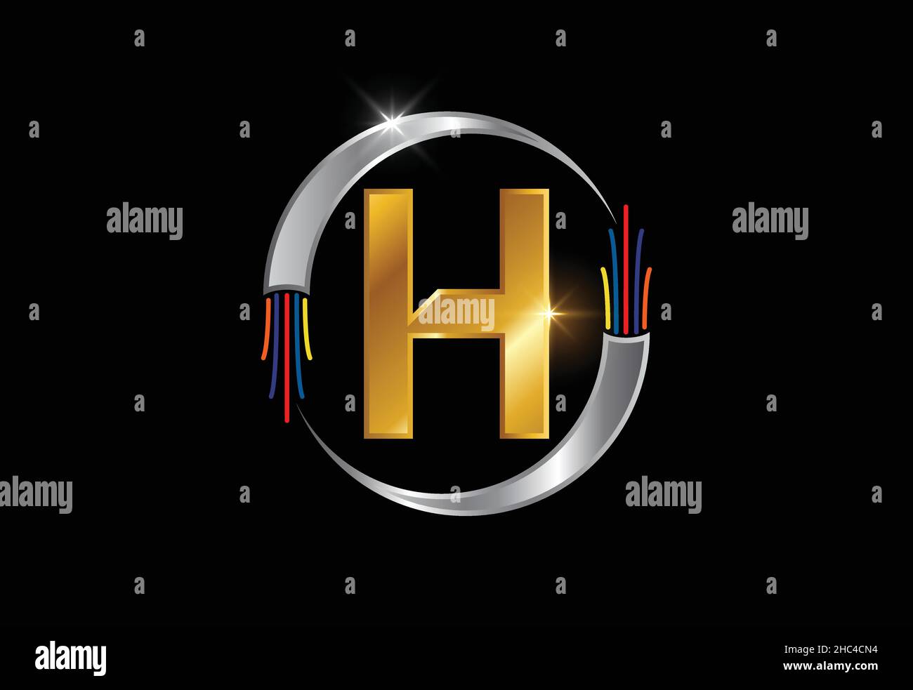 Anfangsbuchstabe des H-Monogramms mit elektrischem Draht, Glasfaserkabel. Schrift-Emblem. Stock Vektor
