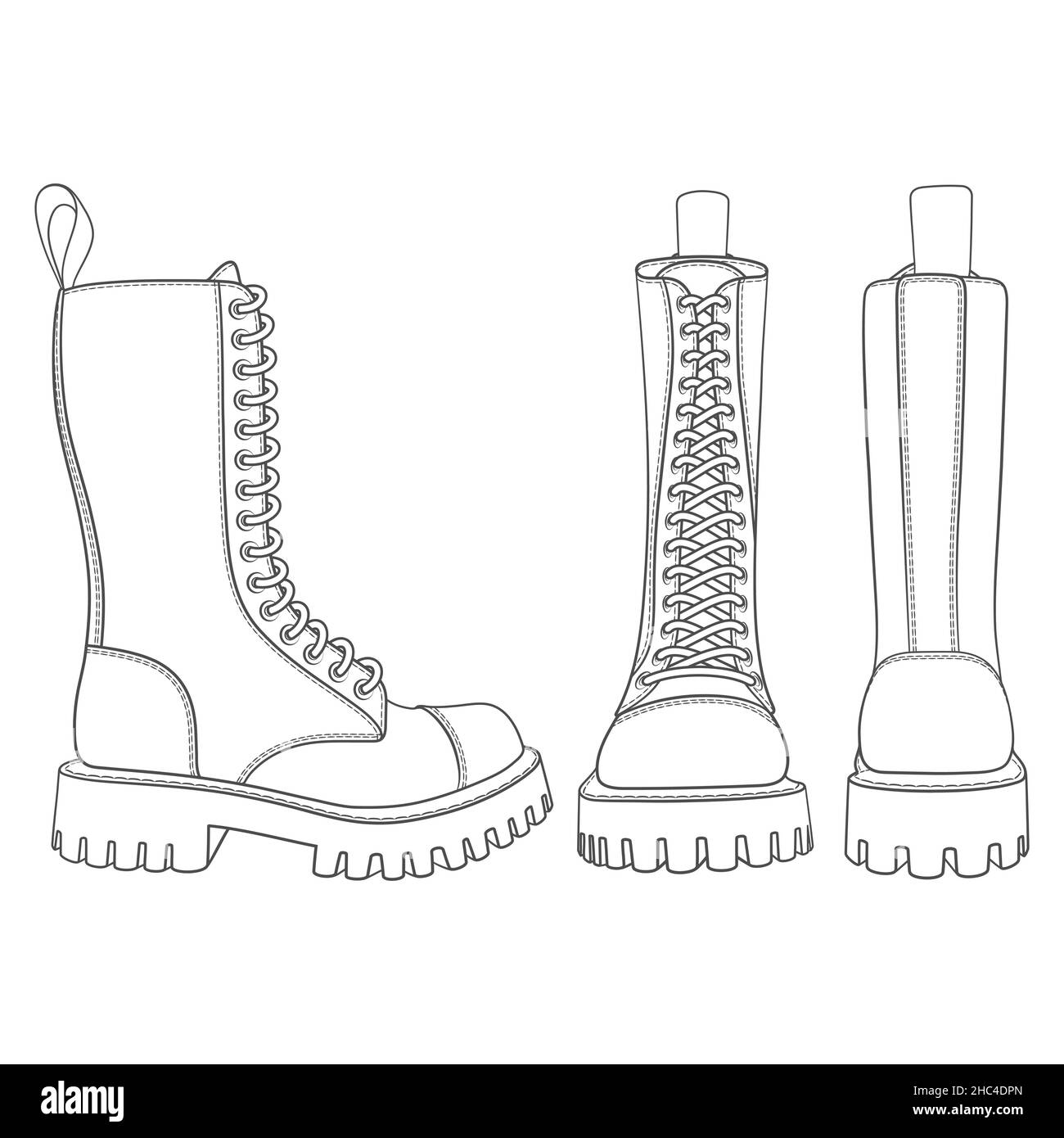 Set aus schwarz-weißen Illustrationen mit Stiefeln, hohen Stiefeln mit Schnürsenkeln. Isolierte Vektorobjekte auf weißem Hintergrund. Stock Vektor