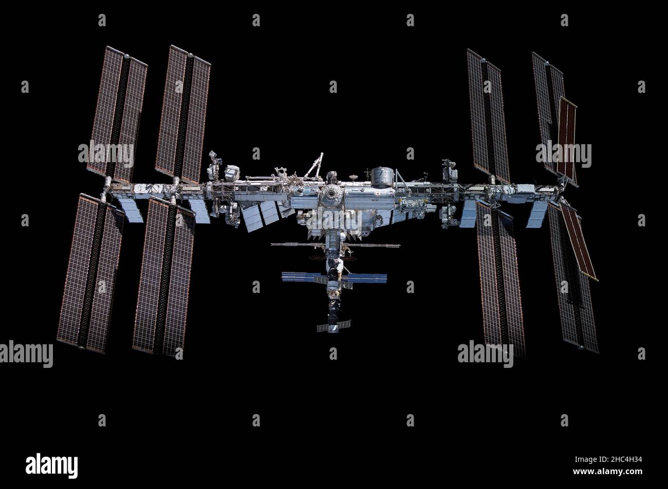 ISS - 08. November 2021 - Dieses Mosaik zeigt die Internationale Raumstation, die von der SpaceX Crew Dragon Endeavour während eines Fliegens um die abgebildet ist Stockfoto