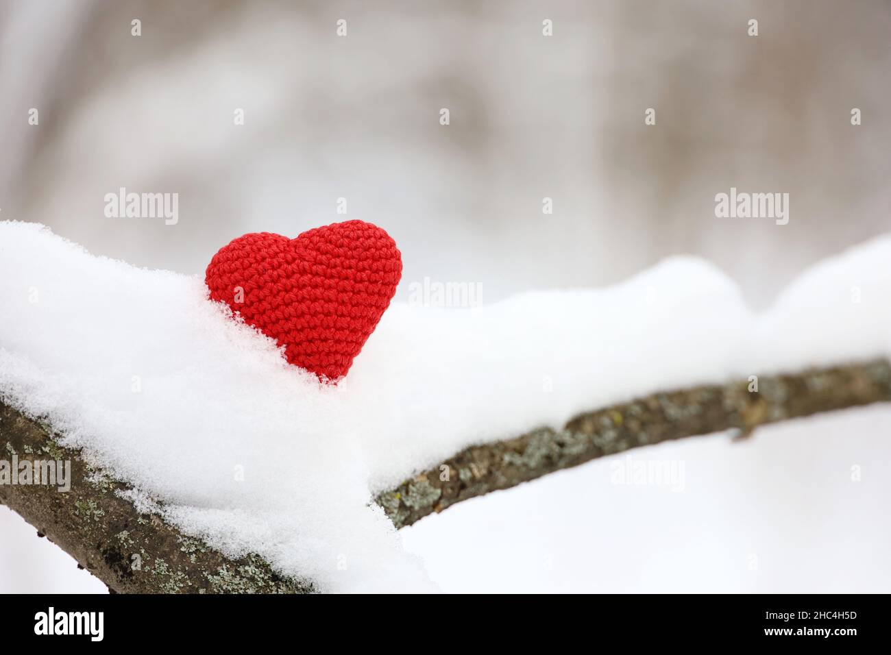 Rot gestricktes Liebesherz auf einem Baumzweig im Schnee im Winterwald. Valentinskarte, Hintergrund für Weihnachtsfeier Stockfoto