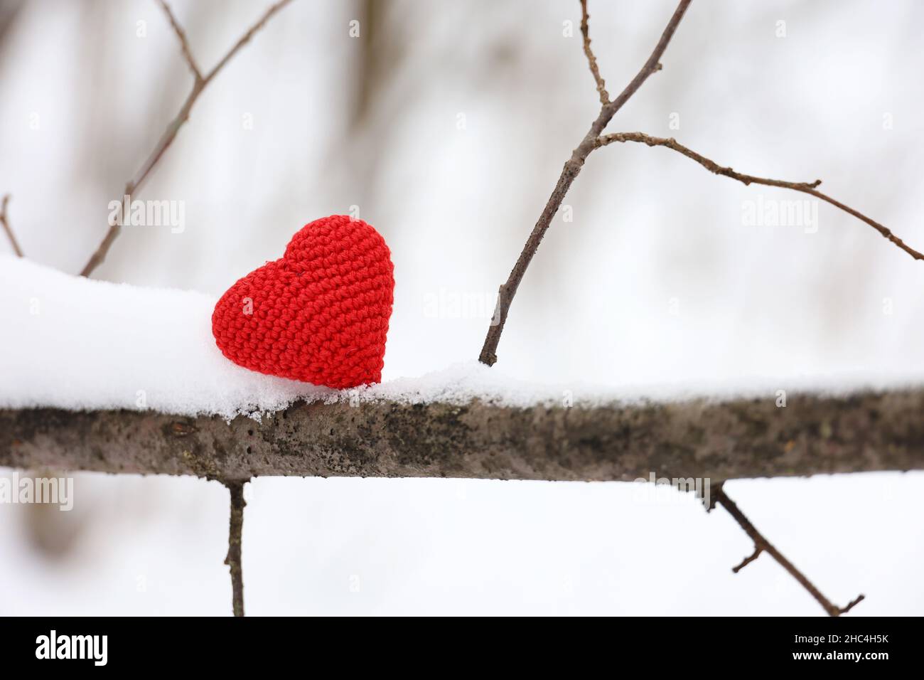 Rot gestricktes Liebesherz auf einem Baumzweig im Schnee im Winterwald. Valentinskarte, Hintergrund für Weihnachtsfeier Stockfoto