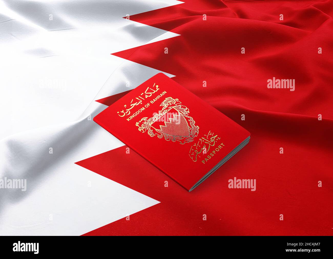 Bahraini-Pass, Königreich Bahrain-Pass auf der Oberseite einer Nationalflagge von bahrain Stockfoto