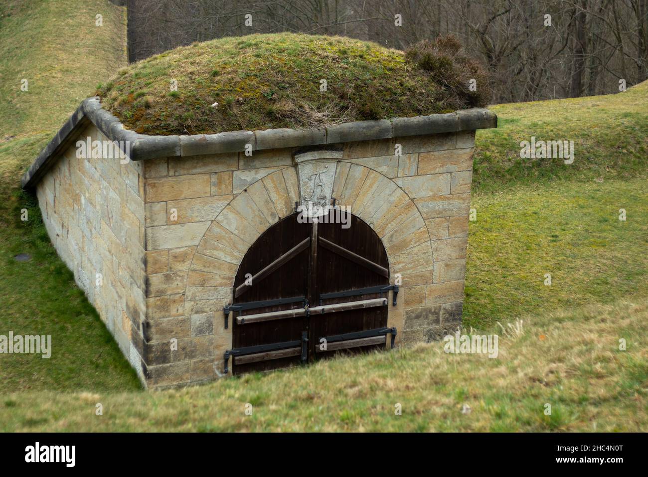Grüne Landschaft mit einem alten Gebäude mit einem Dach, das mit Moos bedeckt ist Stockfoto