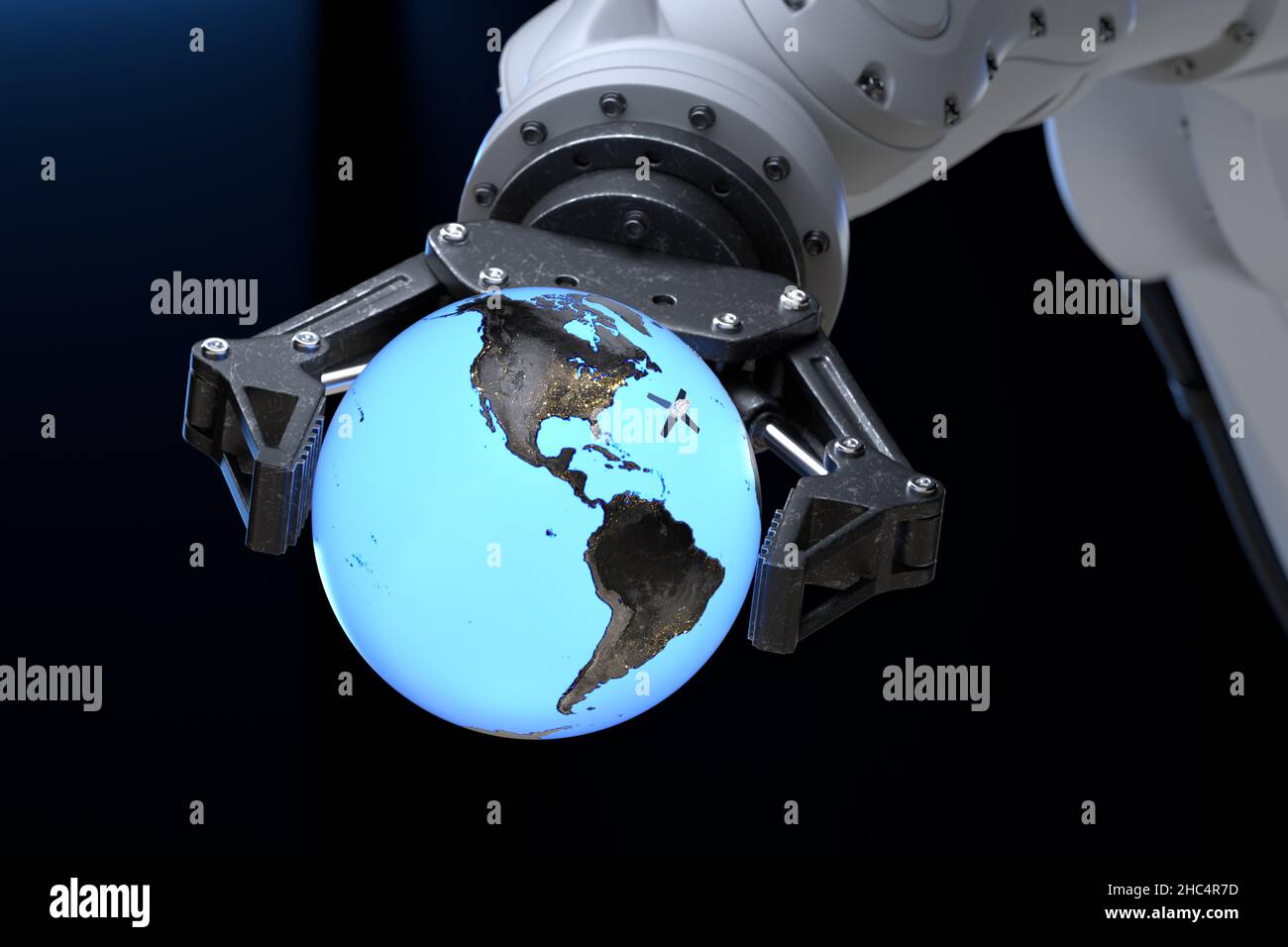 High-Tech-Roboterarm, der einen Globus mit umkreisenden Satelliten in seinem Griff hält. 3D Abbildung Stockfoto