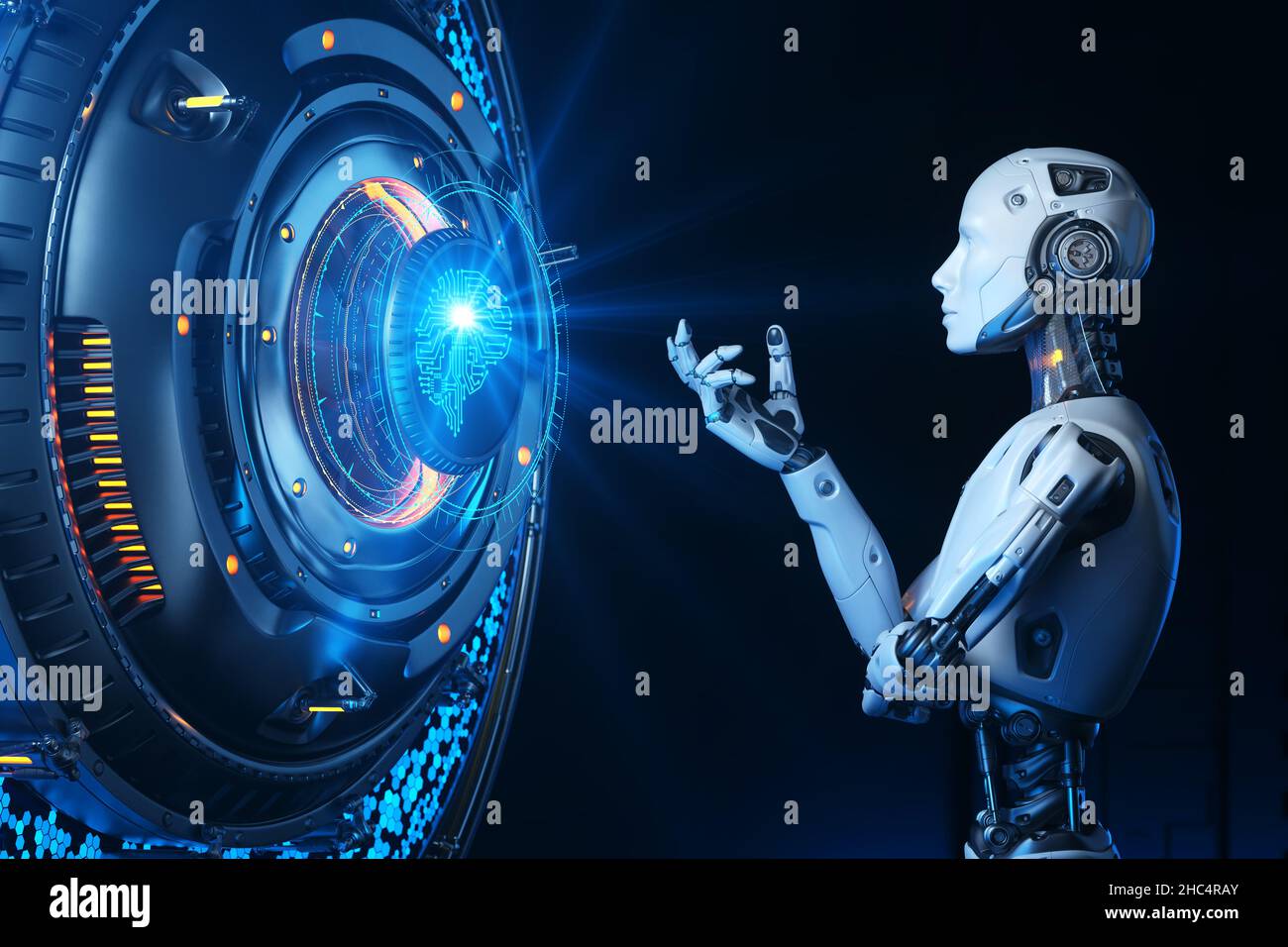 Mensch wie Roboter im Gespräch mit künstlicher Intelligenz. Konzept. 3D Abbildung Stockfoto