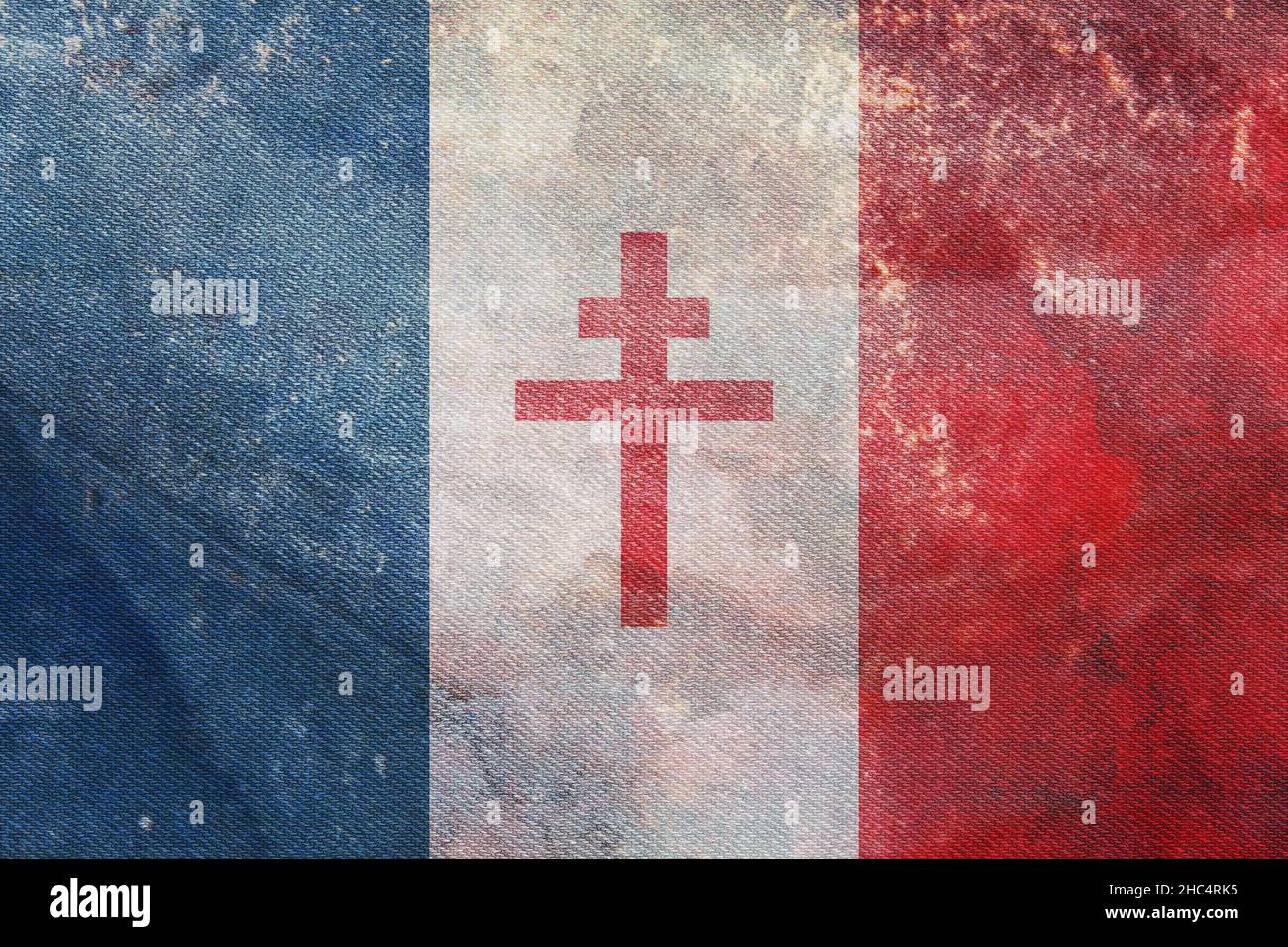 Draufsicht auf Retrolag Free France 1940 1944, Frankreich mit Grunge-Textur. Französisches Reise- und Patriot-Konzept. Kein Fahnenmast. Ebenendesign, Layout. Flagge b Stockfoto