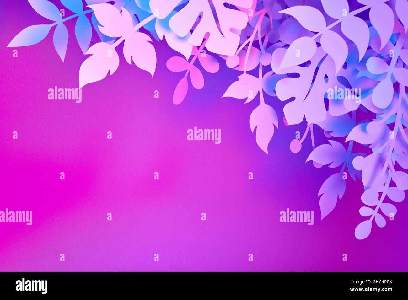 Neonfarbene Szene mit neonfarbenen, papiergeschnittenen Dschungelpflanzen Blätter Stockfoto