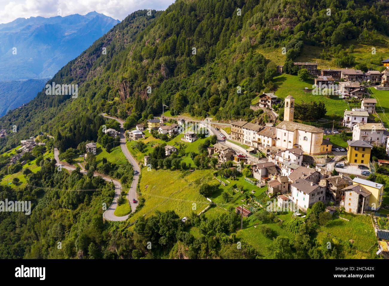 Valtartano, Valtellina (IT), Luftaufnahme von Campo Tartano Stockfoto