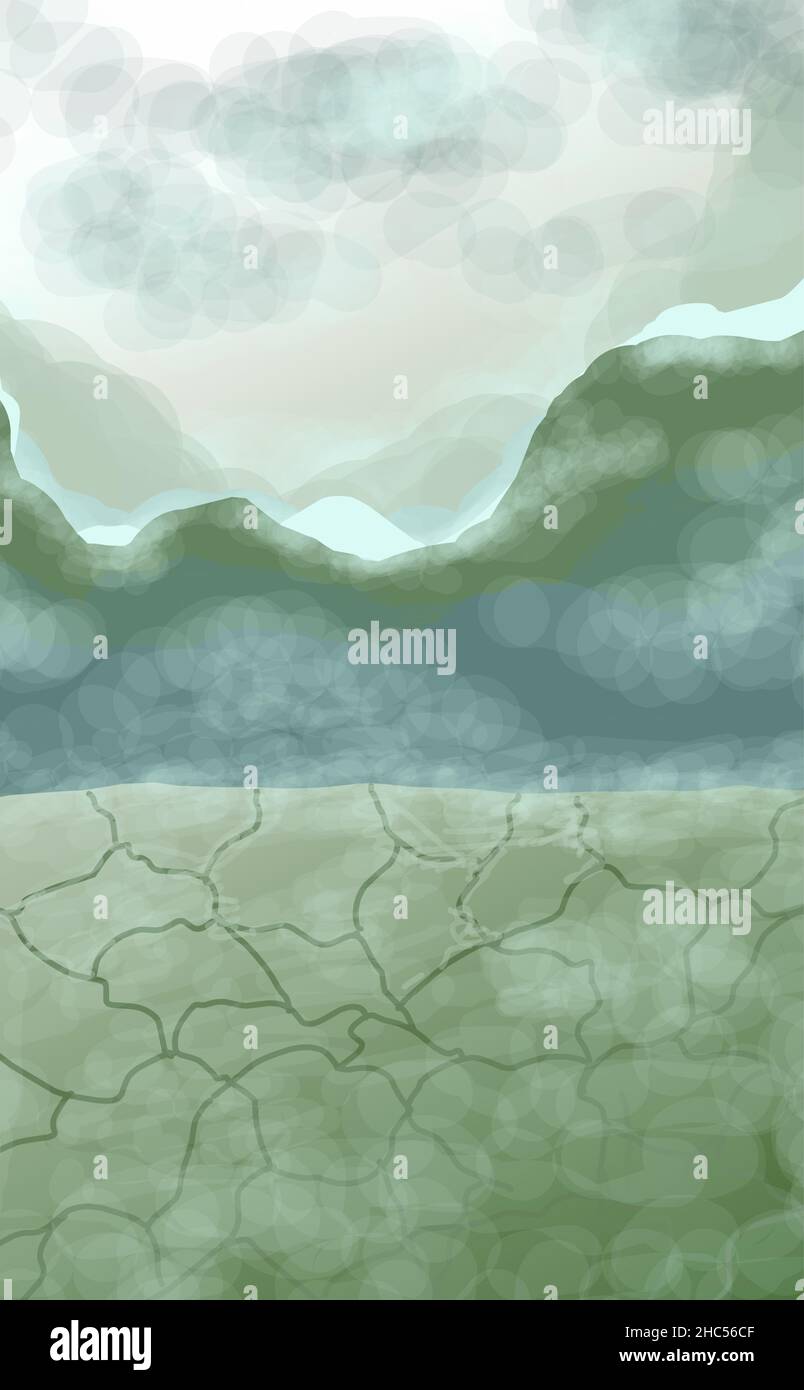 Abstrakte Landschaft. Poster im Innenbereich mit Blick auf die Berge. Grau-grüne Töne. Neblige MORGENDÄMMERUNG. Sonnenaufgang in den Bergen. Vektorgrafik. Stock Vektor