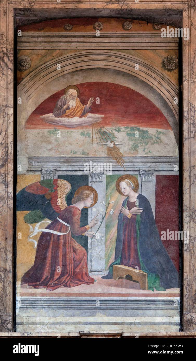 l'Annonciation, peinture attribuee a Melozzo da Forli (1438-1494), fresque ornant la cappella dell'Annunciazione au Pantheon a Rome, Rome, Latium, Ita Stockfoto