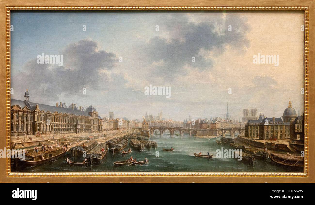 La seine en aval du Pont Neuf a Paris, Vue depuis le pont Royal sur la Grande Galerie du Louvre, la pompe de la Samaritaine, le Pont Neuf, la Place Da Stockfoto