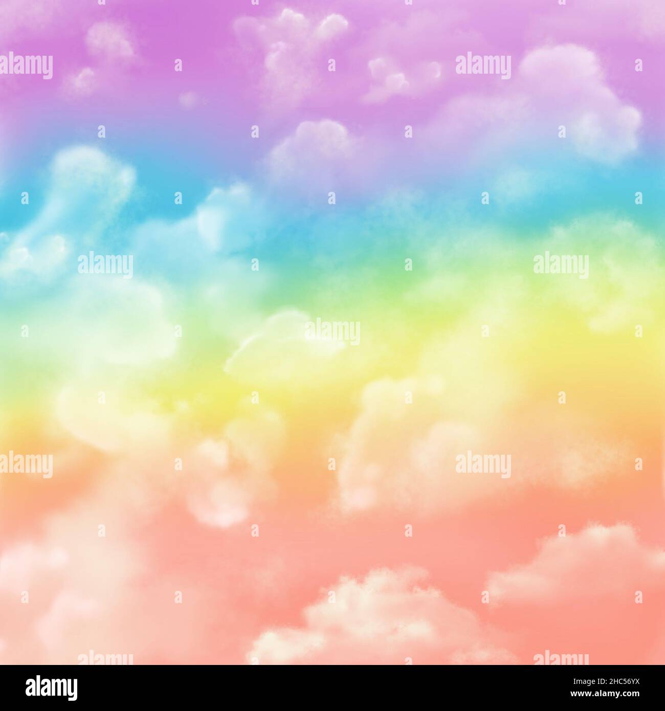 Glänzende Regenbogen Pastellfarbe Himmel mit schönen Wolken Hand Zeichnung Illustration Stockfoto