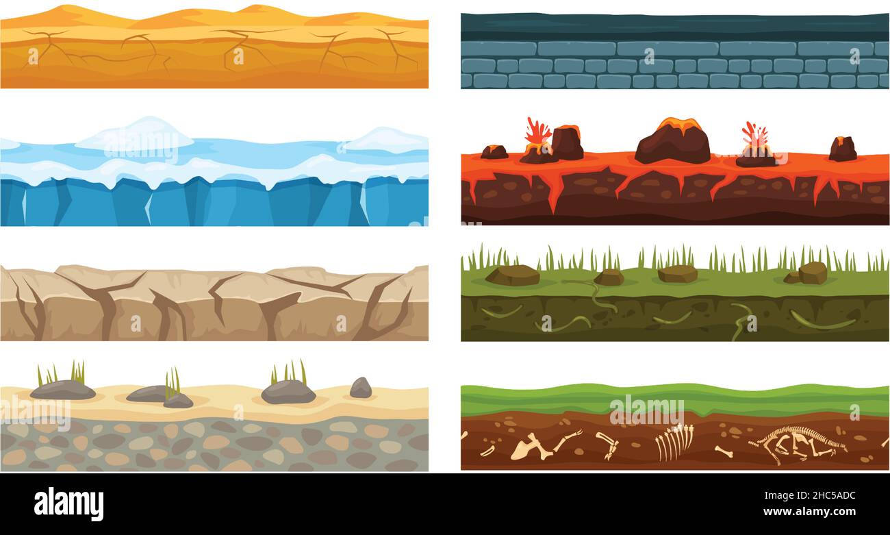Cartoon nahtlose Landschaft Grundtypen, Spiel Vordergrund Elemente. Lava, Eis, Wüste, Gras Bodenschicht Oberflächenstruktur Vektorset. Dinosaurierknochen für die Archäologieforschung, aktiver Vulkan Stock Vektor