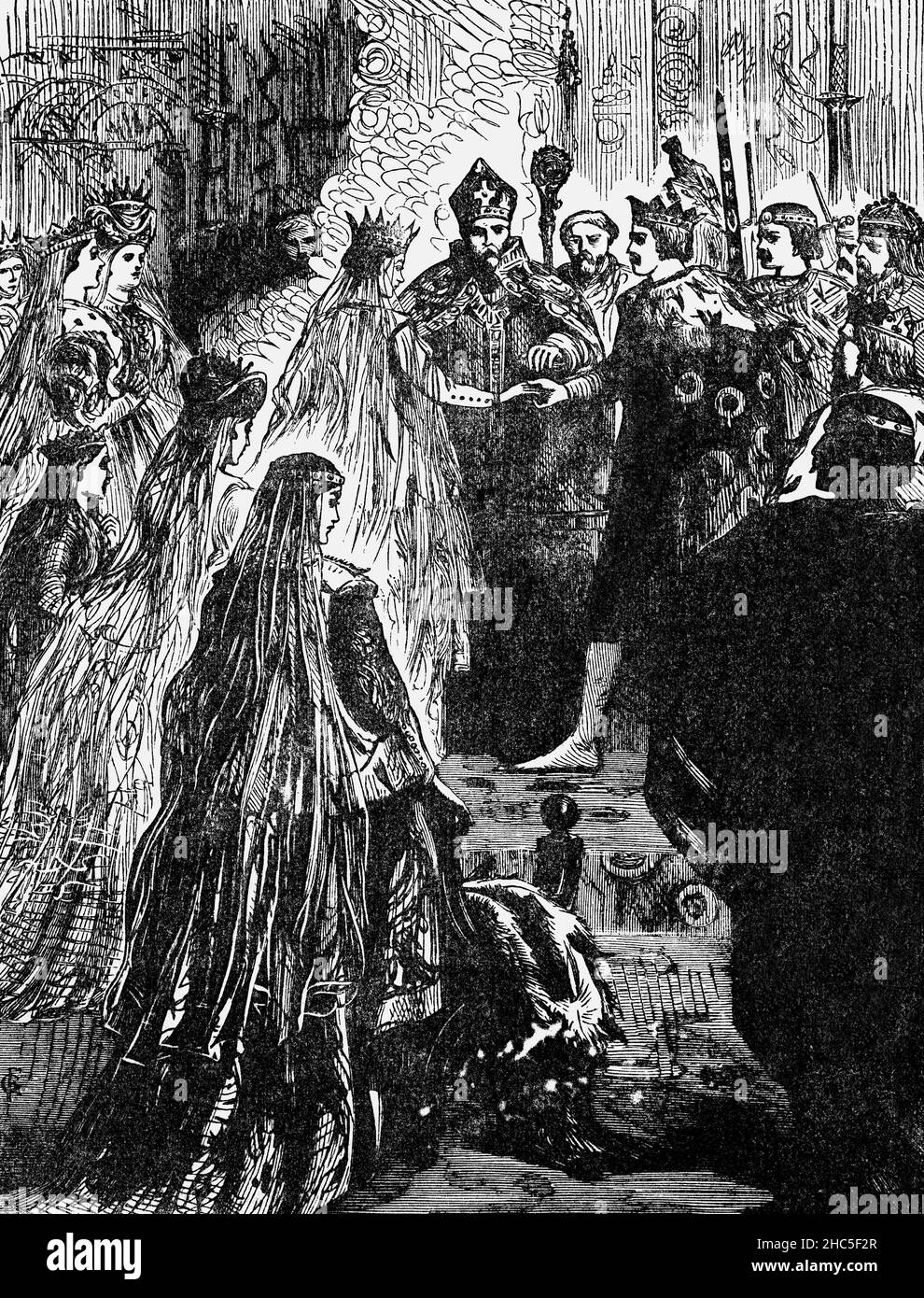 Eine Illustration der Hochzeit von Königin Isabella I. von Castilleund König Ferdinand II. Von Aragon aus dem späten 19th. Jahrhundert, deren Ehe und gemeinsame Herrschaft die De-facto-Vereinigung Spaniens kennzeichnete. Sie heirateten am 19. Oktober 1469 in der Stadt Valladolid; Isabella war 18 Jahre alt und Ferdinand ein Jahr jünger. Es wird von den meisten Gelehrten allgemein akzeptiert, dass die Vereinigung Spaniens im Wesentlichen auf die Ehe von Ferdinand und Isabella zurückgeführt werden kann. Stockfoto