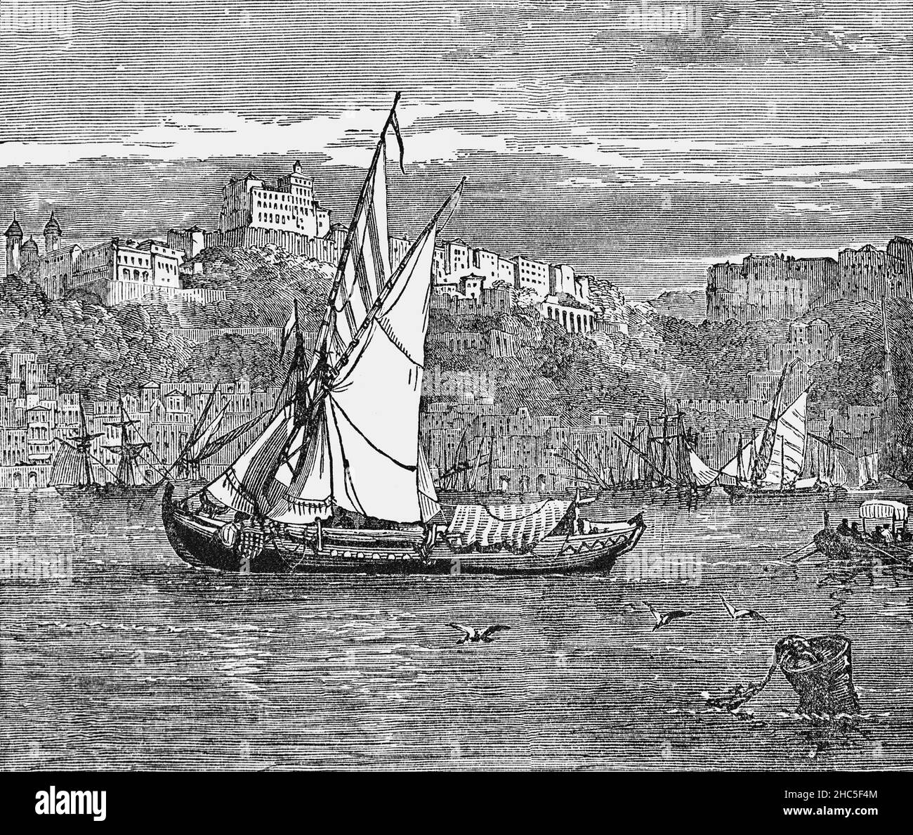 Eine Illustration der Stadt Porto oder Porto aus dem späten 19th. Jahrhundert, die sich entlang der Mündung des Douro-Flusses im Norden Portugals befindet. Porto fiel 711 während der Invasion der Iberischen Halbinsel unter die Kontrolle der Mauren; 868 gründete Graf Vímara Peres die Grafschaft Portugal, nachdem er die Region nördlich von Douro zurückerobert hatte. Im Jahr 1387 war Porto der Ort der Hochzeit von Johannes I. von Portugal und Philippa von Lancaster, Tochter von Johannes von Gaunt; dies symbolisierte eine langjährige militärische Allianz zwischen Portugal und England. Stockfoto