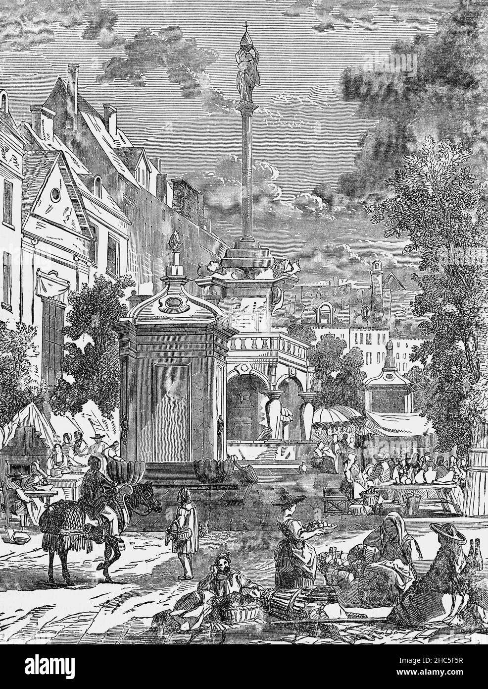 Eine Illustration des Perron aus dem späten 19th. Jahrhundert auf dem Marktplatz in Liège, einer bedeutenden Stadt und Gemeinde von Wallonien, Belgien. Das Symbol der Freiheiten der Stadt und das Herzstück des Wappens wurde 1467 von Karl dem Kühnen nach Brügge verlegt und erst nach seinem Tod 1477 zurückgebracht. Das heutige Perron-Denkmal wurde von Jean Del Cour wieder aufgebaut, nachdem das vorherige von einem heftigen Sturm im Jahr 1693 umgestürmt wurde. Stockfoto