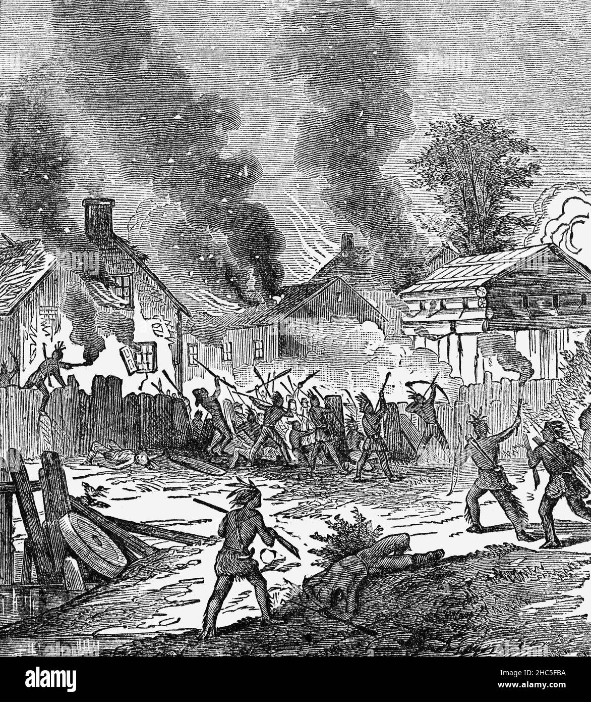 Eine Illustration des späten 19th. Jahrhunderts über die Verbrennung von Deerfield, einem der Grenzdörfer von Neu-England in Massachusetts, USA. Im Queen-Anne-Krieg (1702-1730) wurde das Dorf einem großen Überfall unterzogen, bei dem 40 Prozent der Bevölkerung gefangen genommen wurden. Französische und verbündete Indianer durchbrochen die Palisade verbrannt das Dorf, tötete zahlreiche Siedler und nahm mehr als 100 Einwohner gefangen, die erwürgt wurden und wieder nach Neuengland. Stockfoto