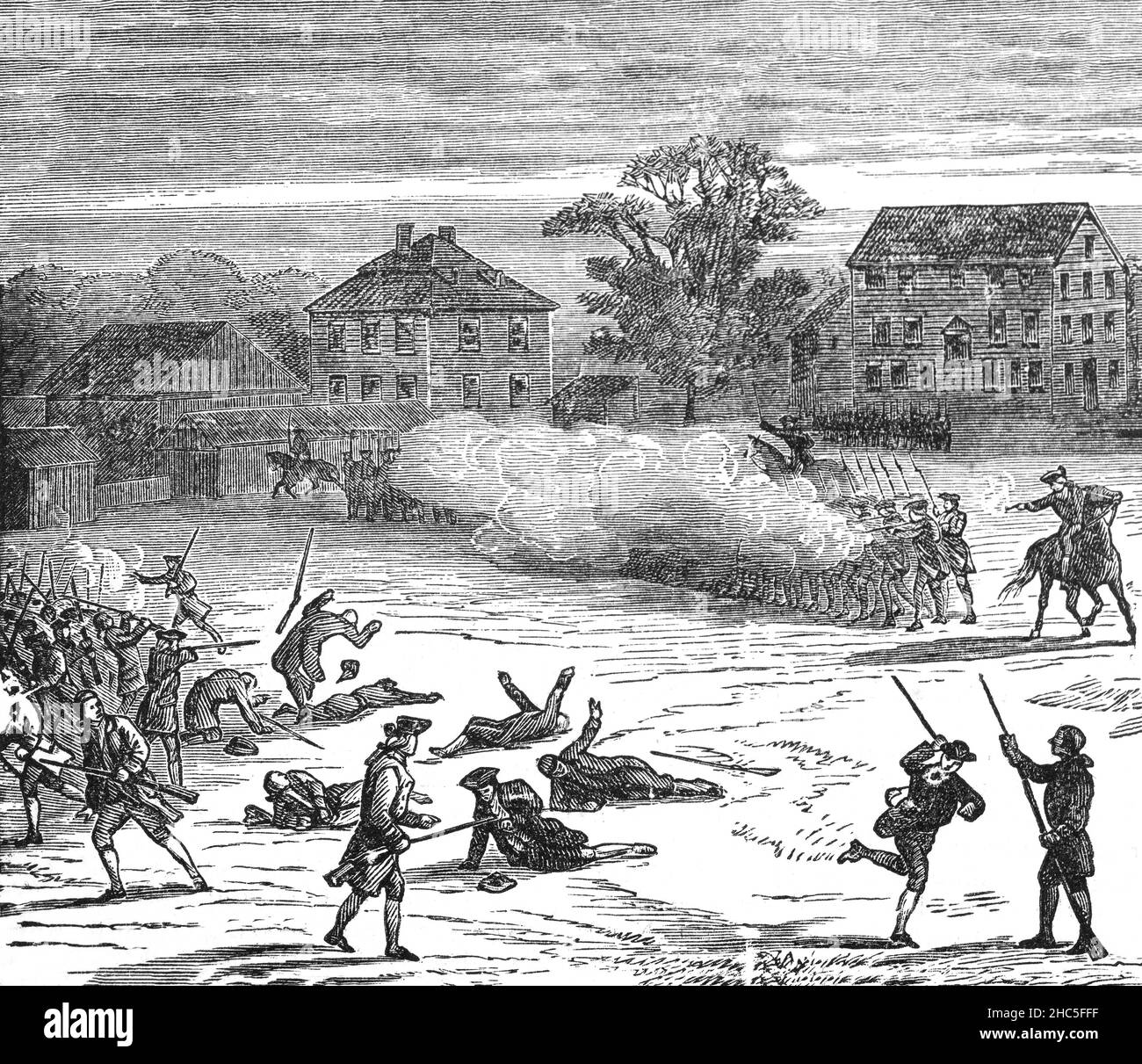 Eine Illustration der Schlacht von Lexington aus dem späten 19th. Jahrhundert, die mit Concord die ersten militärischen Engagements des amerikanischen Revolutionskrieges waren. Die Kämpfe wurden am 19. April 1775 in Middlesex County, Provinz Massachusetts Bay, innerhalb der Städte Lexington, Concord, Lincoln, Menotomy (heute Arlington) und Cambridge ausgetragen. Sie markierten den Ausbruch eines bewaffneten Konflikts zwischen dem Königreich Großbritannien und seinen dreizehn Kolonien in Amerika. Stockfoto