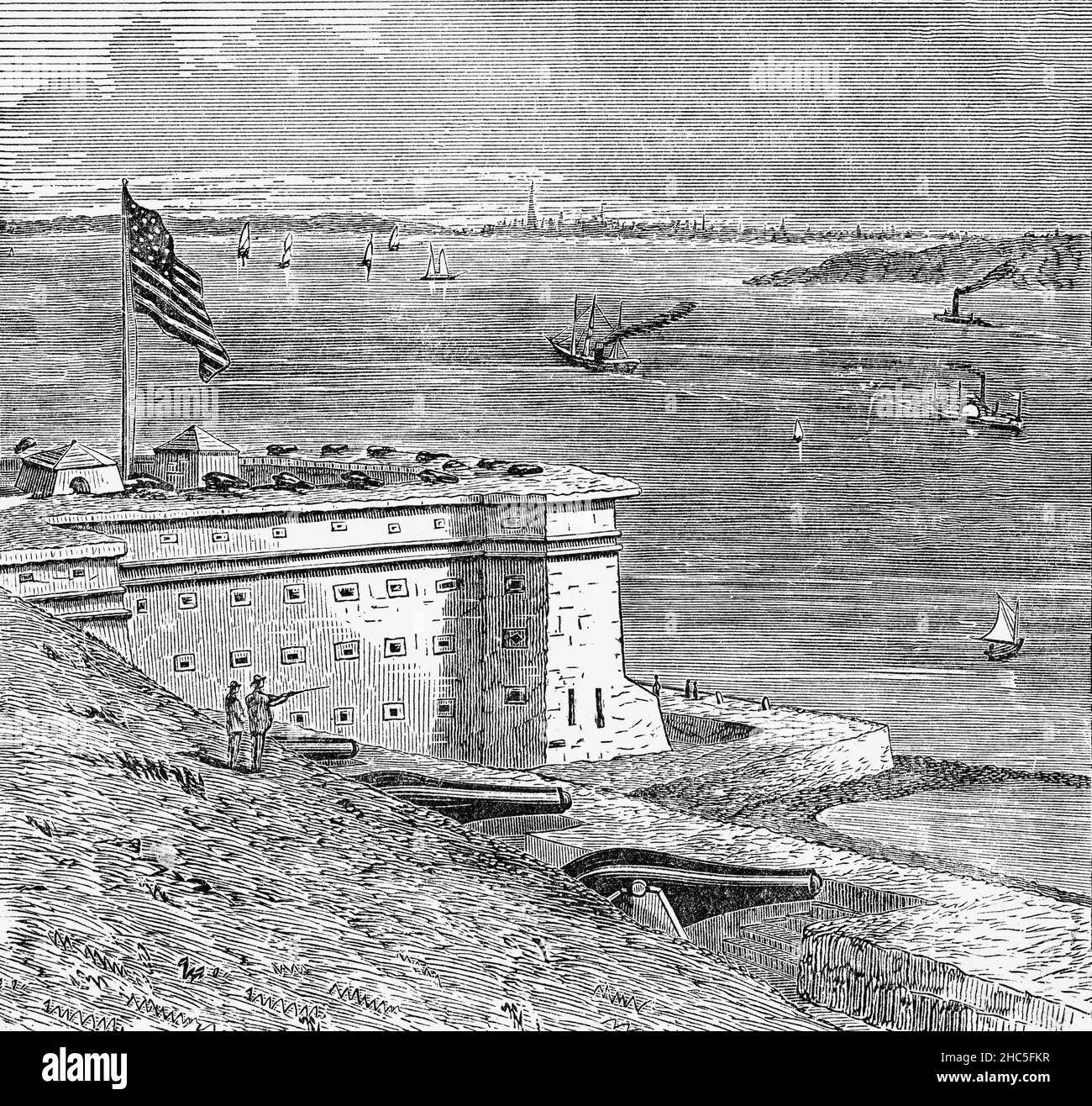 Eine Illustration aus dem späten 19th. Jahrhundert einer der vielen Festungen, die die Schifffahrt im New Yorker Hafen überragen, an der Mündung des Hudson River, wo sie sich in die New York Bay in der Nähe der Gezeitenmündung des East River mündet, Und dann in den Atlantischen Ozean an der Ostküste der Vereinigten Staaten. Stockfoto