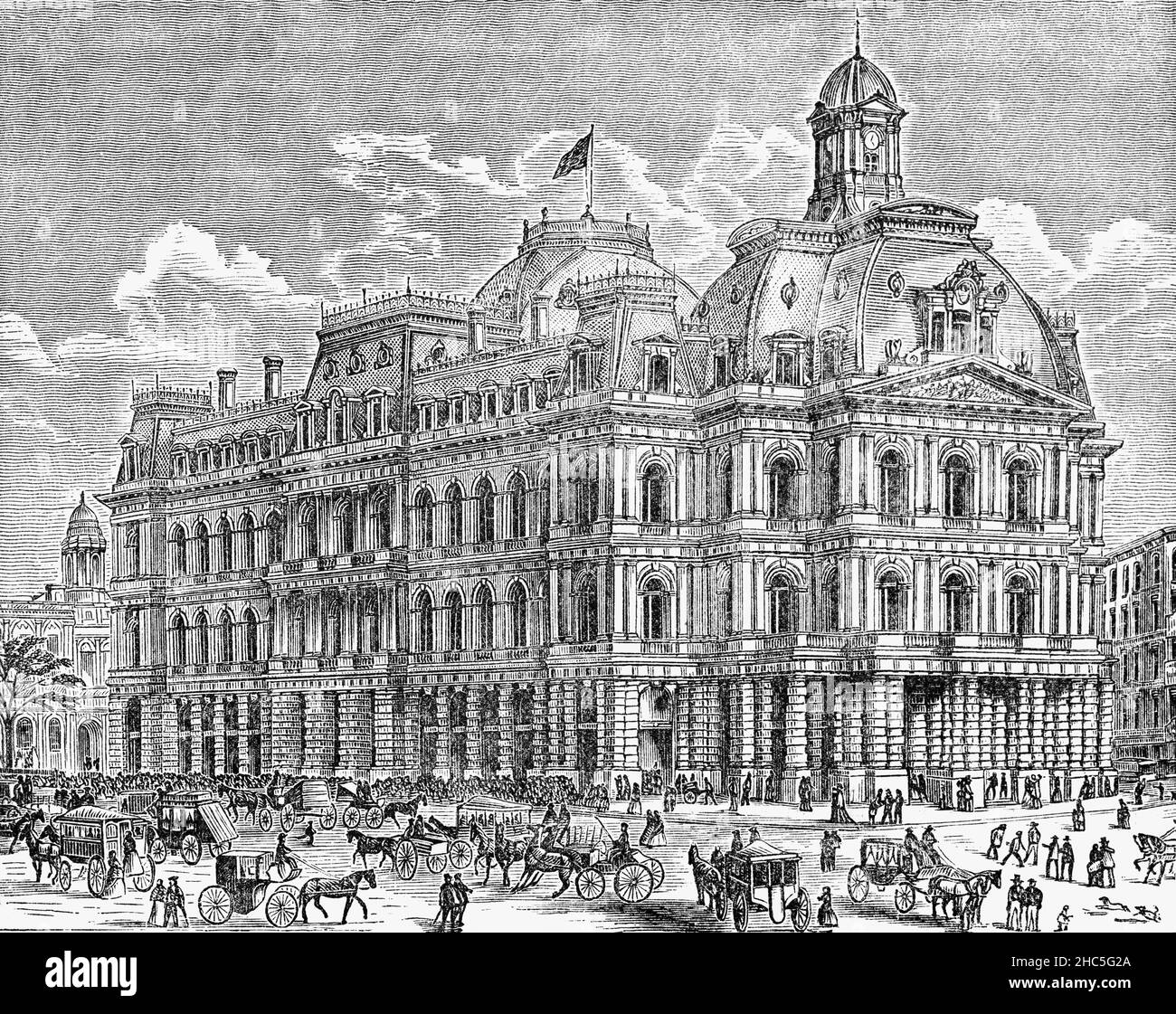 Eine Illustration des alten City Hall Post Office and Courthouse aus dem späten 19th. Jahrhundert, entworfen vom Architekten Alfred B. Mullett im Stil des französischen Zweiten Kaiserreichs, am Broadway in Lower Manhattan, New York City, USA. Stockfoto