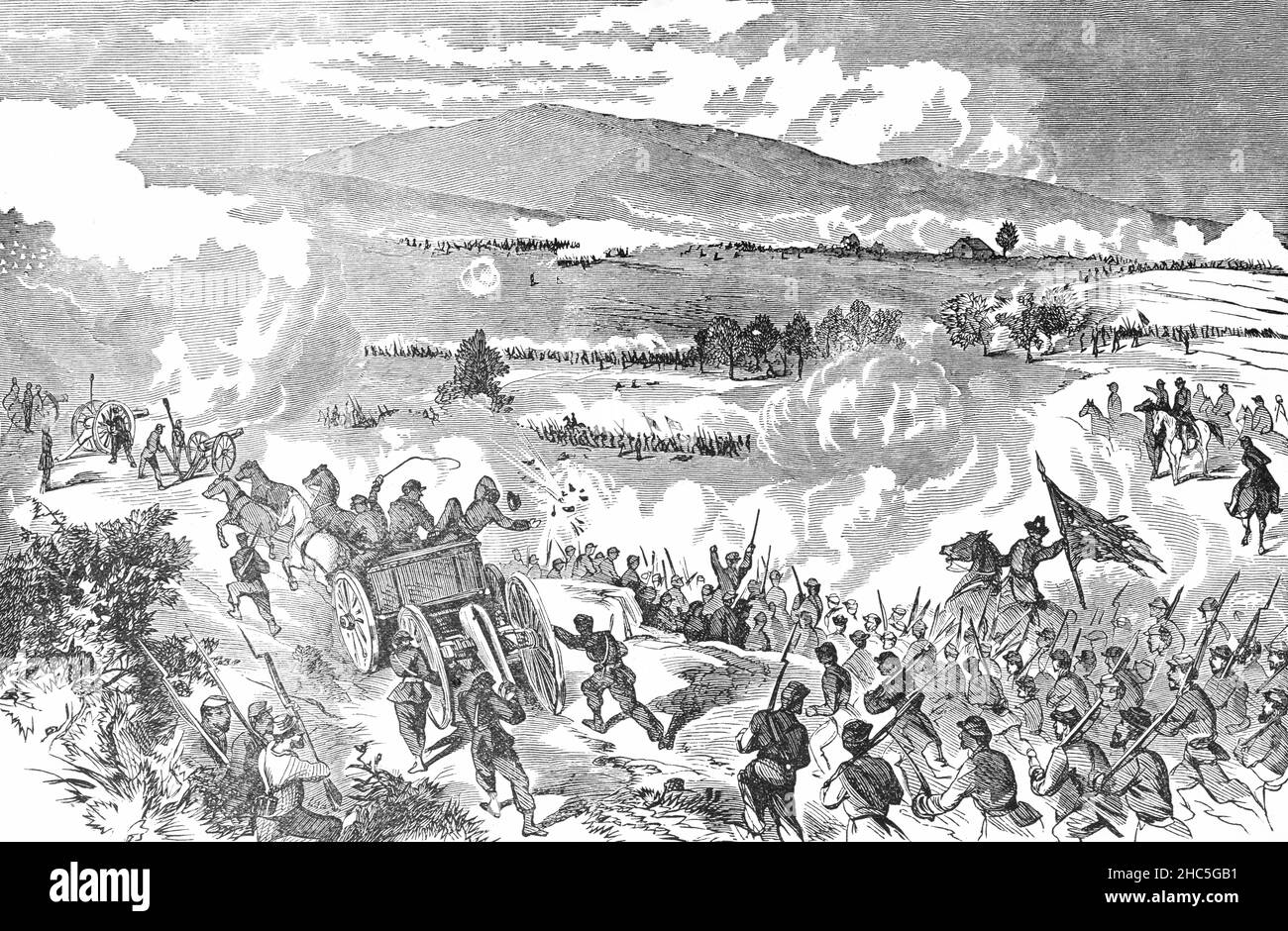 Eine Illustration der Schlacht von Gettysburg aus dem späten 19th. Jahrhundert, die vom 1. Bis 3. Juli 1863 in und um die Stadt Gettysburg, Pennsylvania, von Truppen der Union und der Konföderierten während des amerikanischen Bürgerkrieges geführt wurde. In der Schlacht besiegte die Potomac-Armee von Union Maj. General George Meade Angriffe des konföderierten Generals Robert E. Lees Armee von Nord-Virginia, was Lees Invasion des Nordens untersagte. Die Schlacht war mit der größten Anzahl von Opfern des gesamten Krieges verbunden und wird oft als Wendepunkt des Krieges beschrieben, der auf den entscheidenden Sieg der Union und die Belagerung von Vicksburg zurückzuführen ist. Stockfoto