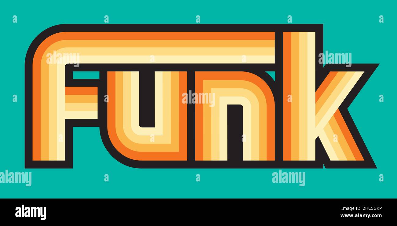Flippiges, farbenfrohes Musikdesign mit individuellen Schriftzügen. Vektor-Design für Funk- oder Soul-Musik mit 70er Jahre Retro-Stil Farbverlauf Buchstaben Stock Vektor