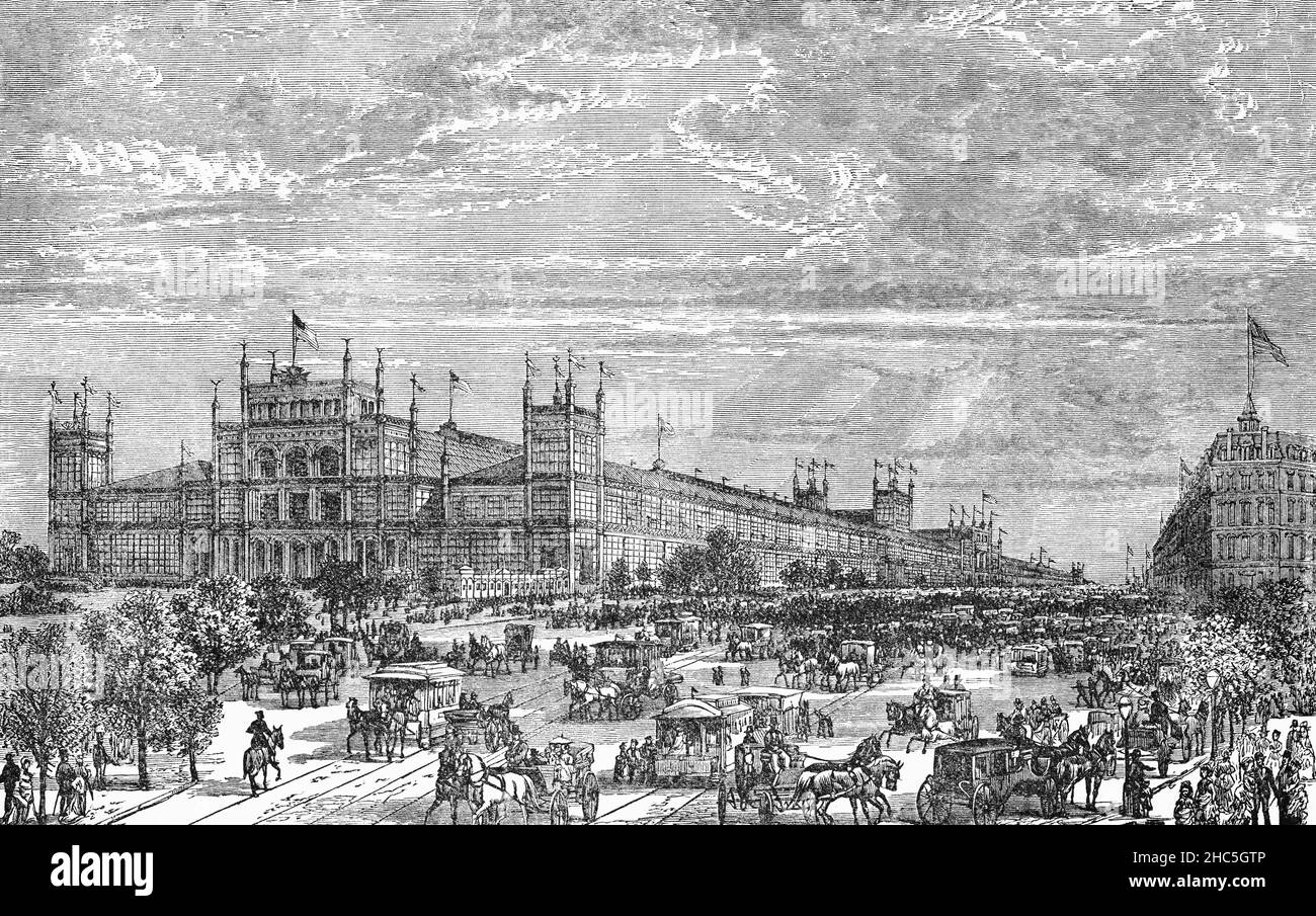 Eine Illustration aus dem späten 19th. Jahrhundert von Menschenmassen rund um das Hauptgebäude auf der Centennial International Exhibition von 1876. Die temporäre Struktur wqas von Architekt Henry Pettit und Ingenieur Joseph M. Wilson entworfen. Die erste offizielle Weltausstellung, die vom 10. Mai bis zum 10. November 1876 in Philadelphia, Pennsylvania, stattfand, war die Feier des 100th. Jahrestages der Unterzeichnung der Unabhängigkeitserklärung in Philadelphia. Das im Fairmount Park am Schuylkill River veranstaltete Hotel zog fast 10 Millionen Besucher an, und 37 Länder nahmen daran Teil. Stockfoto