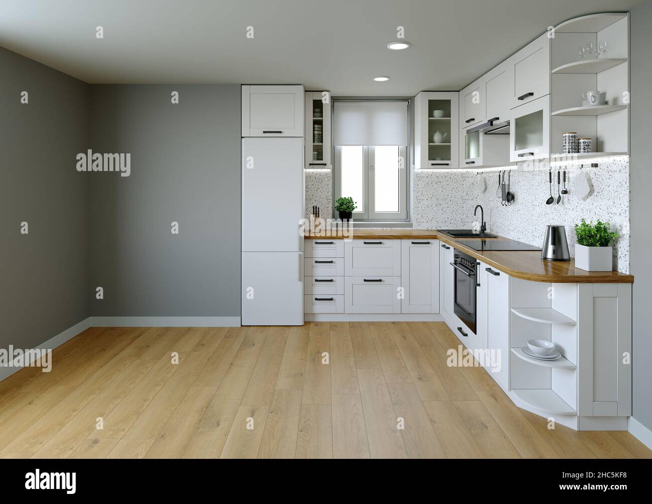 Küchenausstattung. 3D Rendering einer hellen Küche. Stockfoto