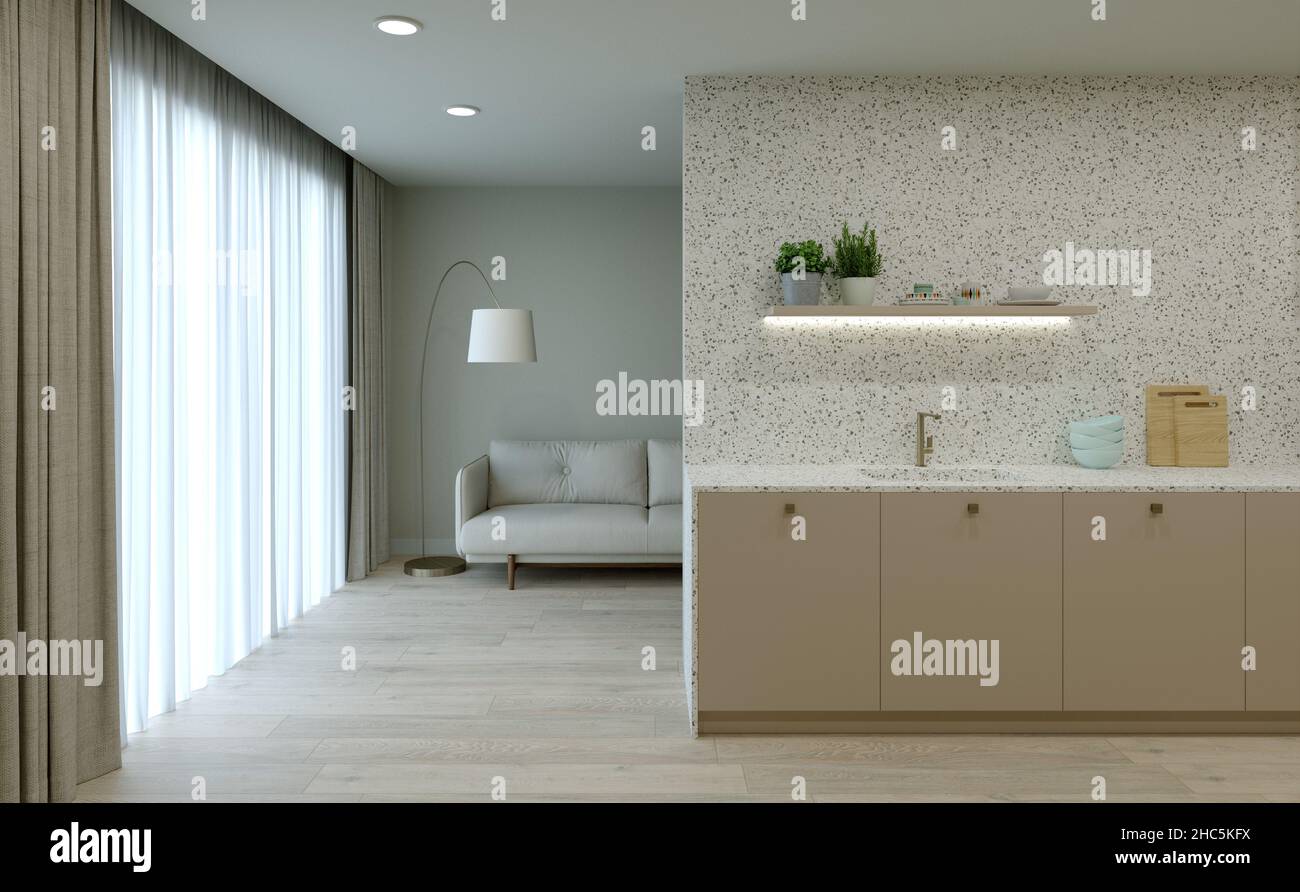 Küchenausstattung. 3D Rendering einer hellen Küche. Stockfoto