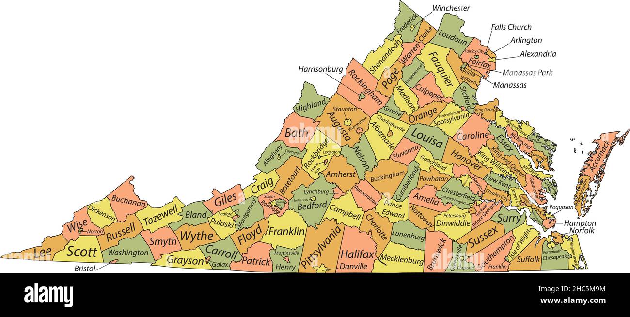 Pastell-Vektor-Verwaltungskarte des Bundesstaates Virginia, USA mit schwarzen Rändern und Namensschildern seiner Grafschaften Stock Vektor