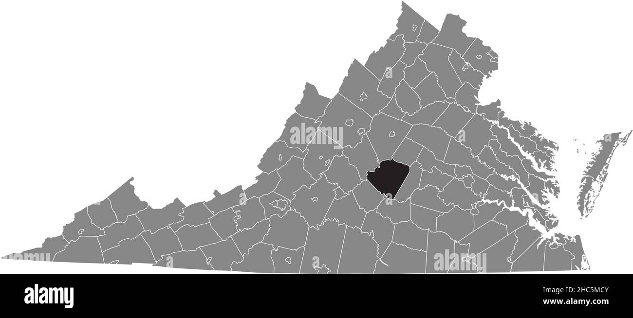 Schwarz markierte Standortkarte des Buckingham County in grauer Verwaltungskarte des Bundesstaates Virginia, USA Stock Vektor