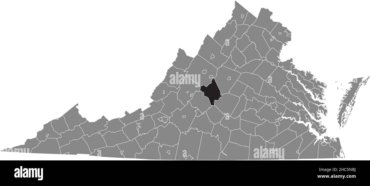 Schwarz hervorgehobene Standortkarte der Nelson-Region in grauer Verwaltungskarte des Bundesstaates Virginia, USA Stock Vektor