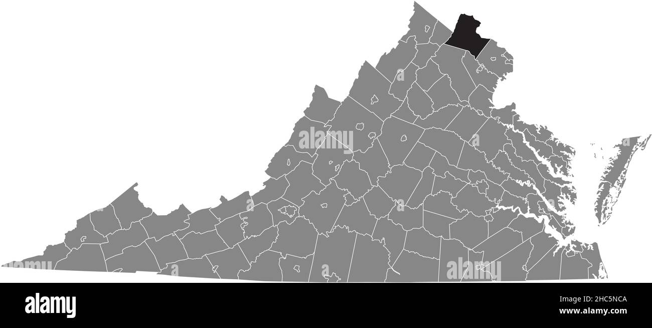 Schwarz markierte Lagekarte der Loudoun in grauer Verwaltungskarte des Bundesstaates Virginia, USA Stock Vektor