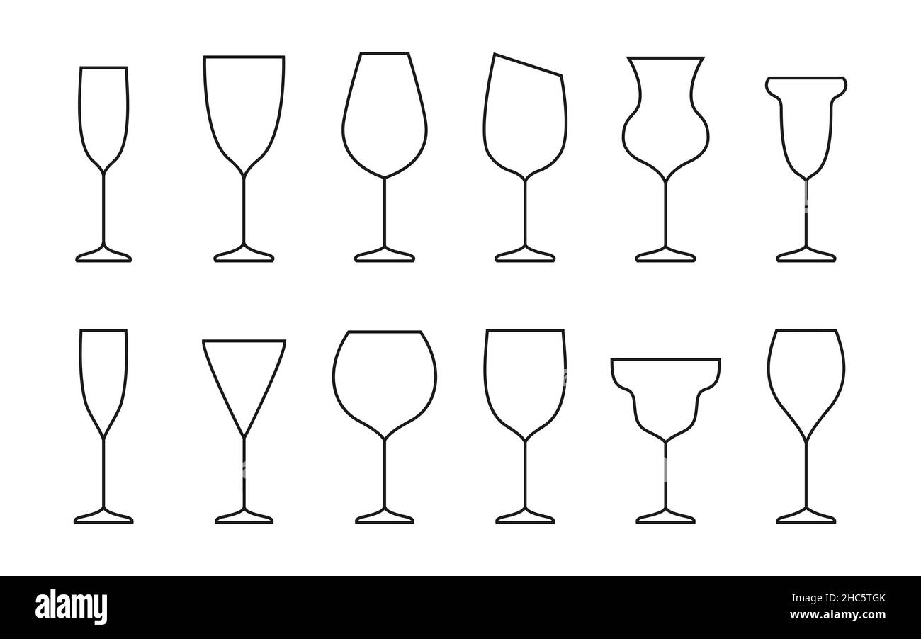 Weinglas Linie Kontur Kontursymbol in flachem Stil gesetzt. Objektbrille für mobile App und Website signieren. Bar-Symbol, Logo für Unternehmen oder Geschäft. Einfaches Konzept, Design-Element. Vektorgrafik Stock Vektor