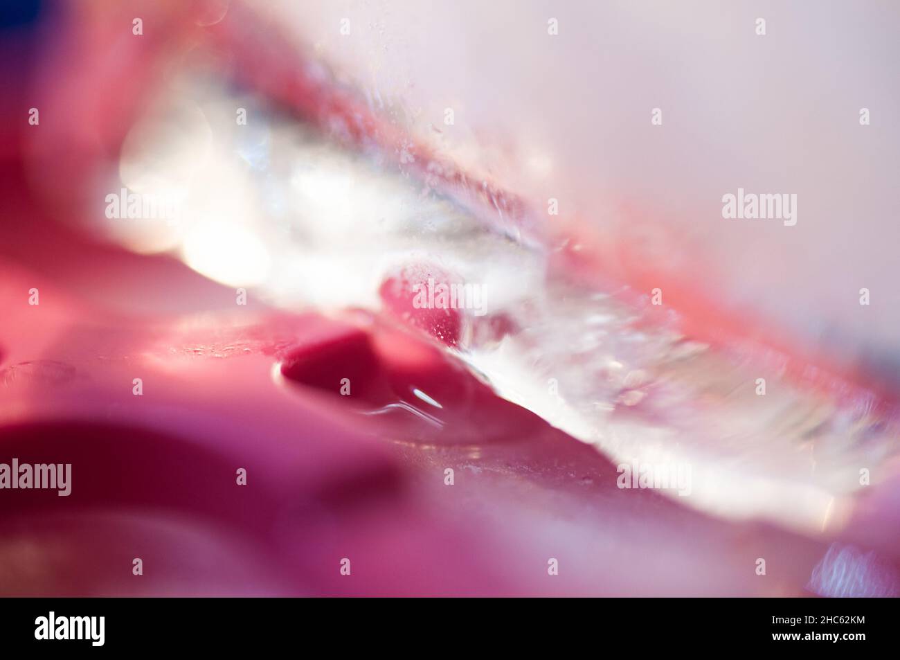 Nahaufnahme von schmelzendem Eis auf einem rosa Eisbehälter Stockfoto