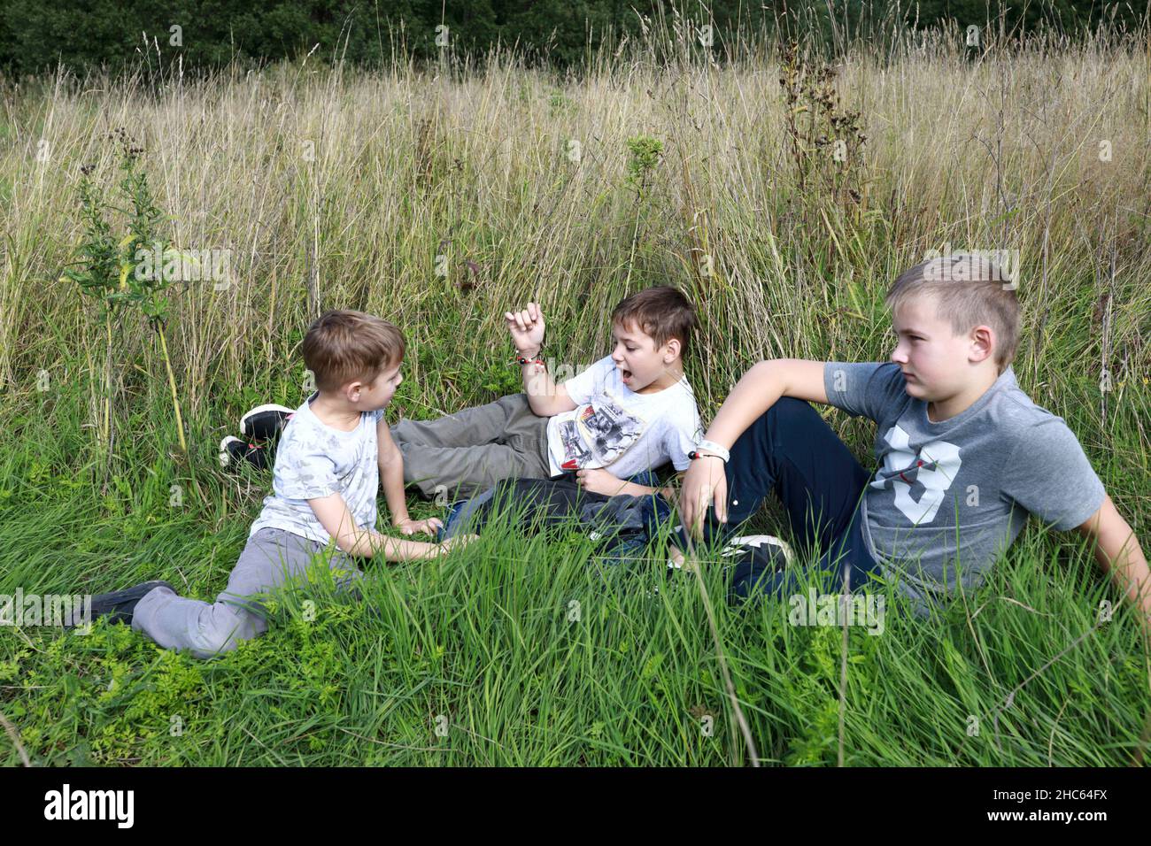Drei Kinder, die im Sommer auf Gras ruhen, Karelia Stockfoto