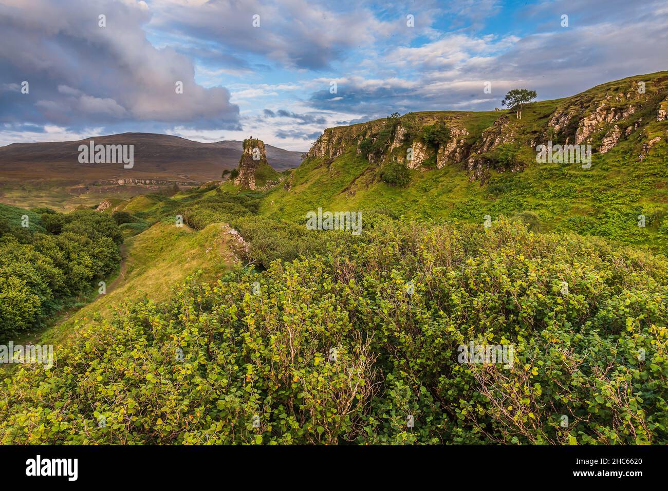 Landschaft mit Hügeln auf der Isle of Skye. Schottisches Hochland bei Sonnenschein im Sommer mit grünen Feldern, Büschen und Sträuchern. Eine einzelne Felsspalte aus dem Schloss Stockfoto