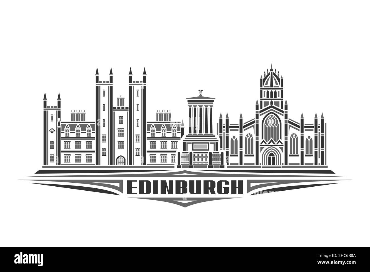 Vektordarstellung von Edinburgh, monochromes horizontales Poster mit linearem Design stadtbild edinburgh, urbanes Linienkunstkonzept mit dekorativen Schriftzügen Stock Vektor