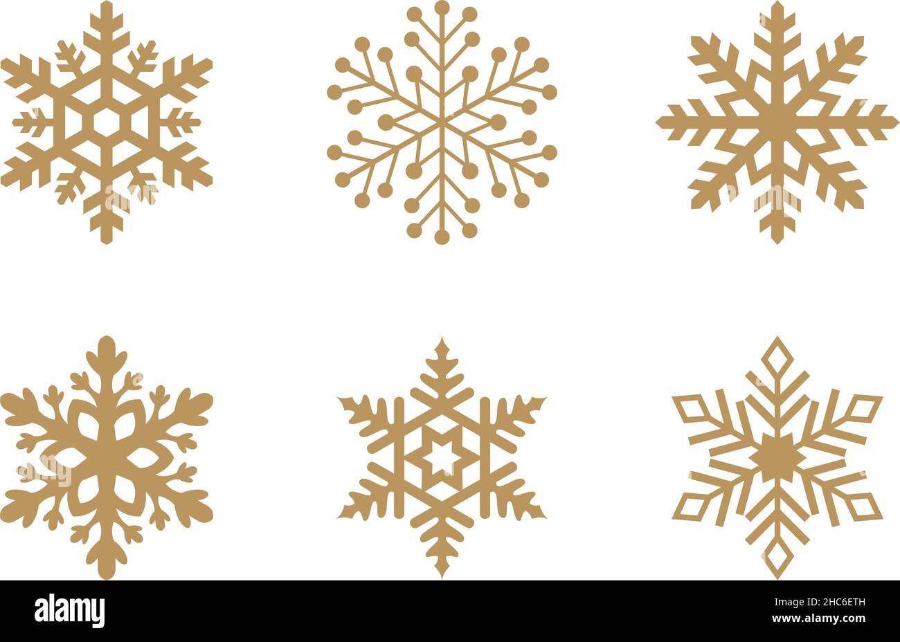 Goldene frostige abstrakte Schneeflocken-Symbole auf weißem Hintergrund. Fein gestaltete Gold Frosty Schneeflocken-Muster als Vektor. Stock Vektor