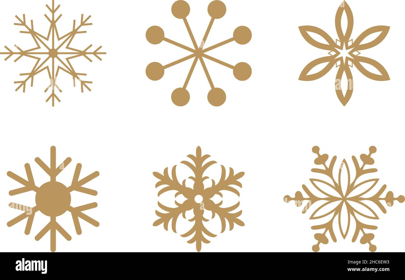 Goldene frostige abstrakte Schneeflocken-Symbole auf weißem Hintergrund. Fein gestaltete Gold Frosty Schneeflocken-Muster als Vektor. Stock Vektor