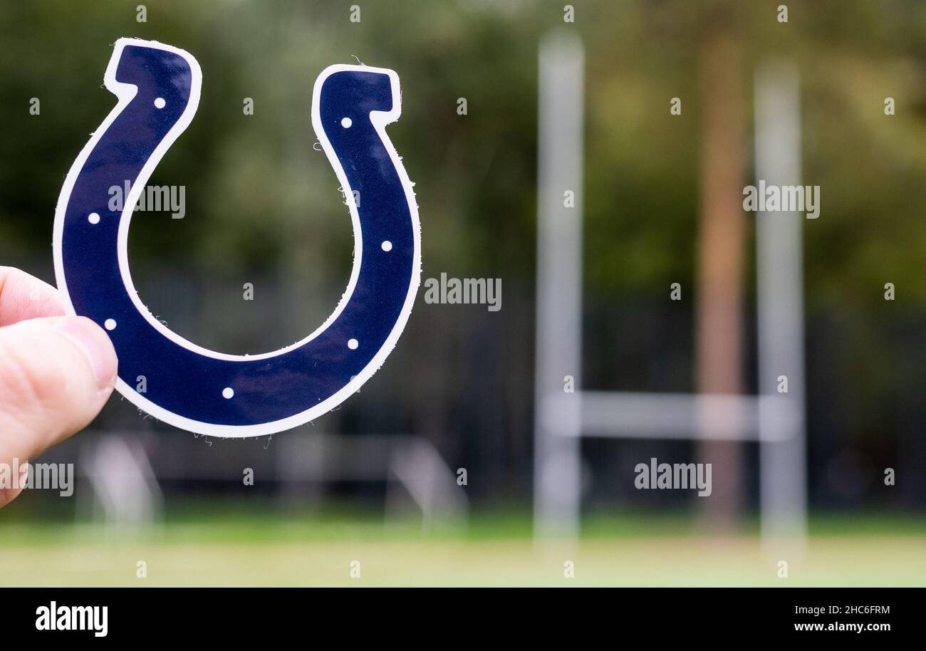 16. September 2021, Indianapolis, Indiana. Emblem eines professionellen amerikanischen Fußballteams Indianapolis Colts mit Sitz in Indianapolis in der Sportstadt Stockfoto