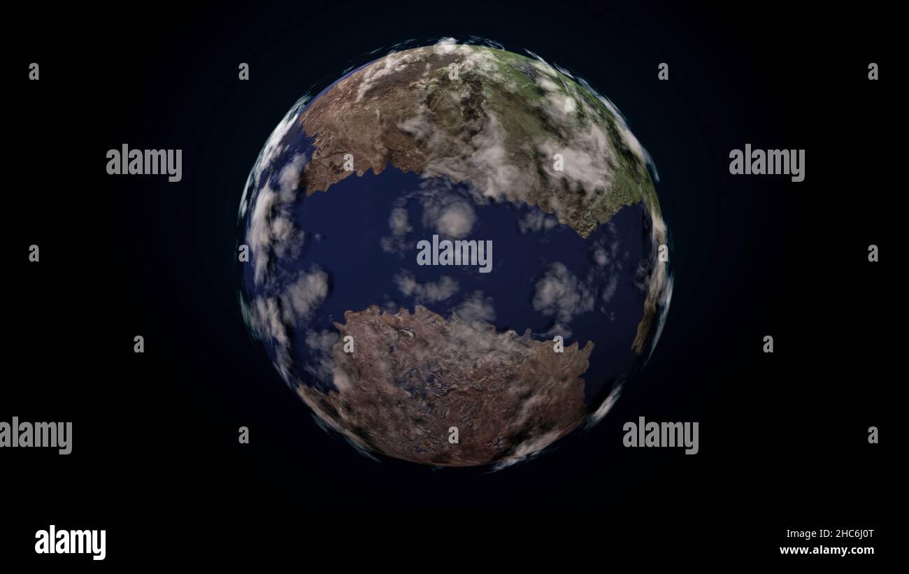 Blick durch Wolken auf der Erde aus dem All, nahtlose Schleife. Abstrakte Heimatwelt, erstaunliche blaue Kugel dreht sich auf schwarzem Kosmos Hintergrund mit vielen weißen Stockfoto