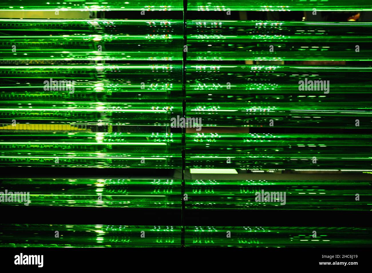 Viele grüne Rohre. Rechenzentrum, Serverraum. Konzept der modernen Technologie, Big-Data-Speicherung. Abstrakter Hintergrund. Stockfoto