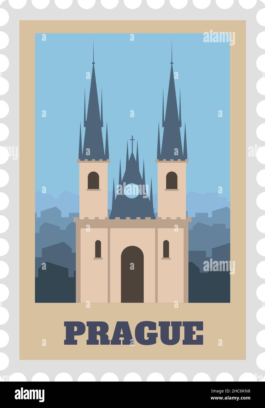 Briefmarke aus Papier mit prager Sehenswürdigkeiten, alter Burg Stock Vektor