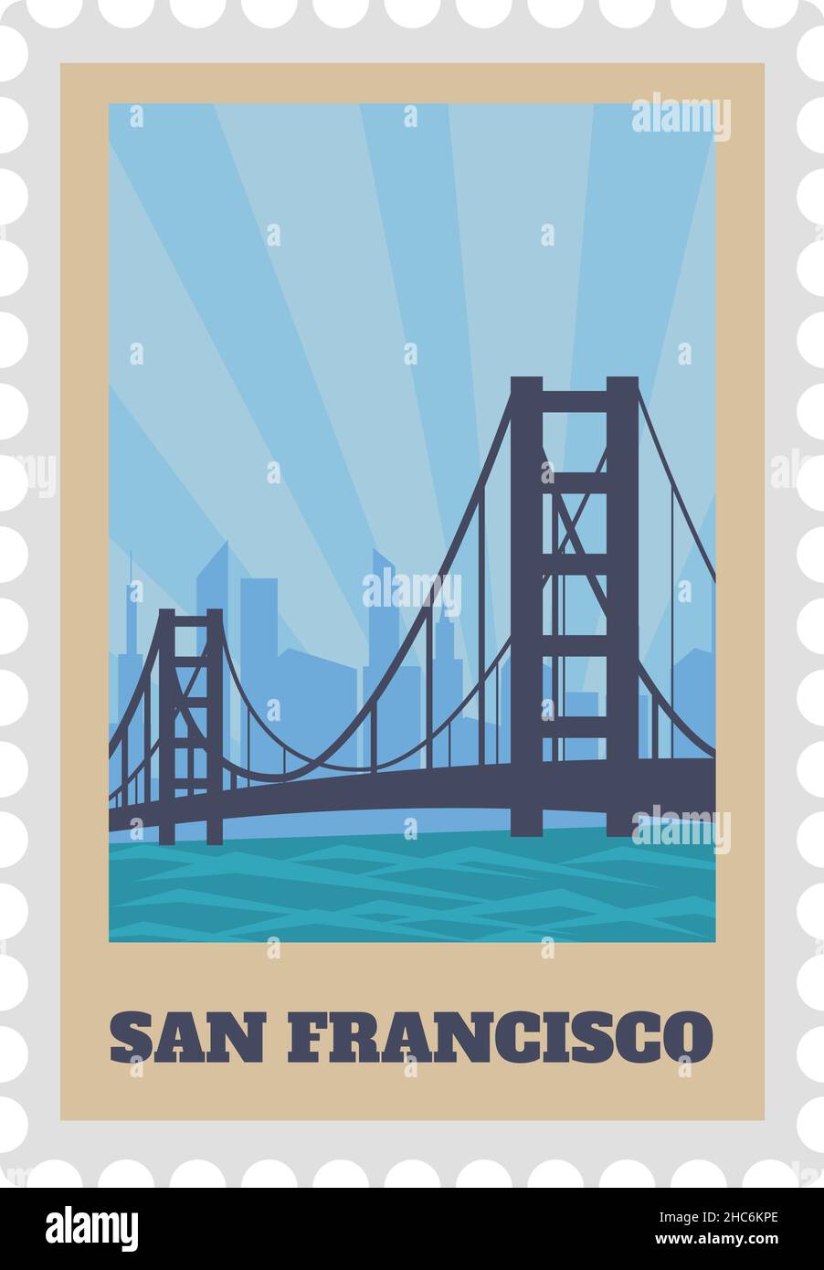 San francisco Briefmarke mit Blick auf die Brücke Stock Vektor