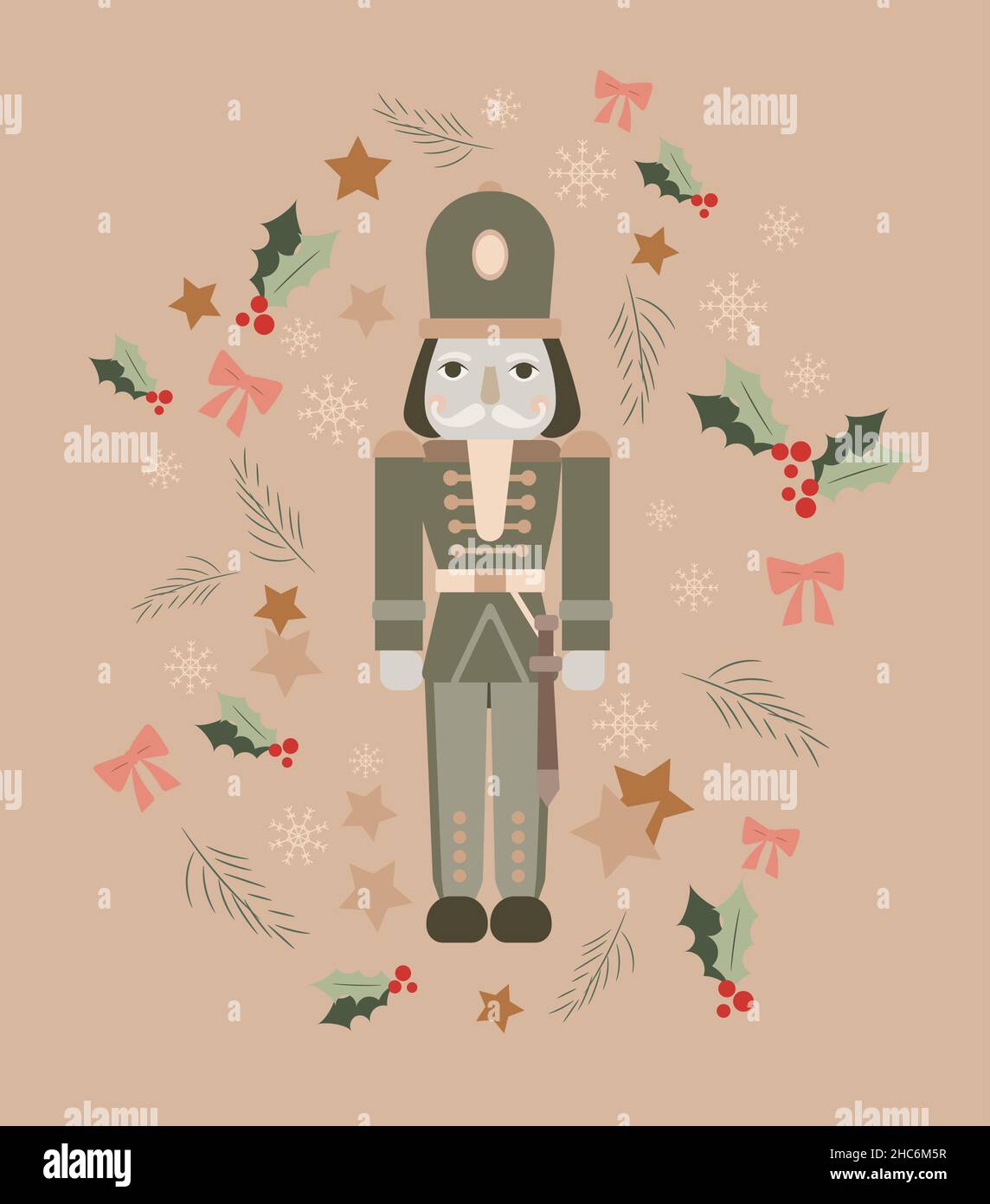 Vektorgrafik Nussknacker. Weihnachtliche Lötmittel. Neujahrsdarstellung eines Soldaten um die festlichen Dekorationen. Bögen, Sterne, Schneeflocken, Mistlet Stock Vektor