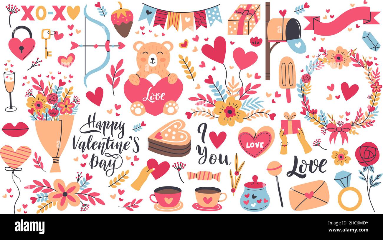 Romantische Valentinstag Aufkleber, Herzform und Liebesbrief. Valentinstag Elemente, Süßigkeiten, Blumen und Geschenke Vektor Illustration Set. Niedlich Stock Vektor