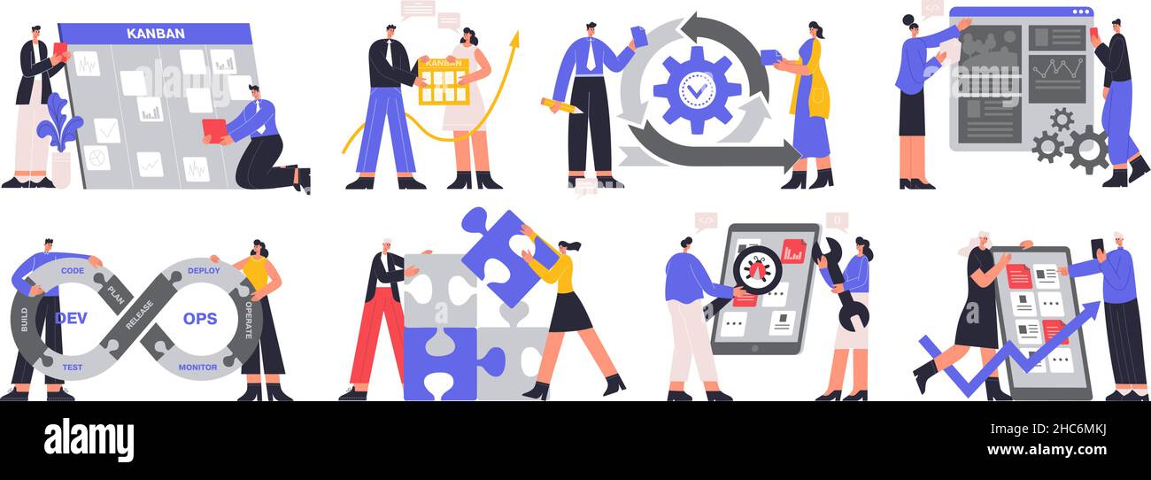 Agiles Projektmanagement, DevOps-Team und Scrum Task Board. Software-Entwickler, IT DevOps Team und agile Workflow-Vektor-Illustration-Set. Projekt Stock Vektor
