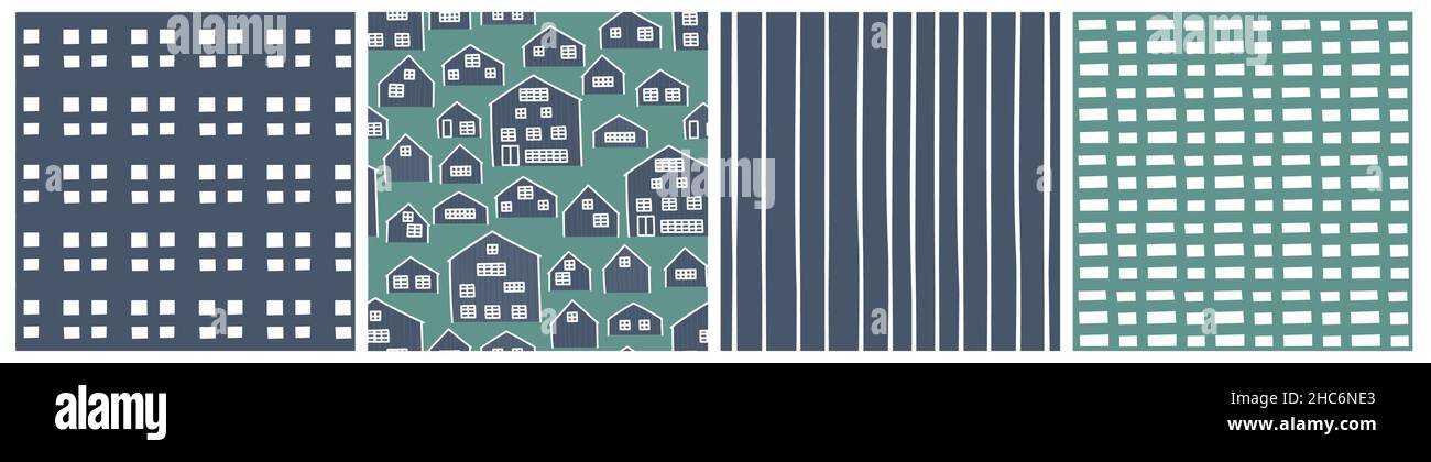 Blau-grünes Set von abstrakten nahtlosen Mustern. Europäische Cartoon kindliche Häuser, Linien, Raster Vektor-Illustrationen. Stock Vektor