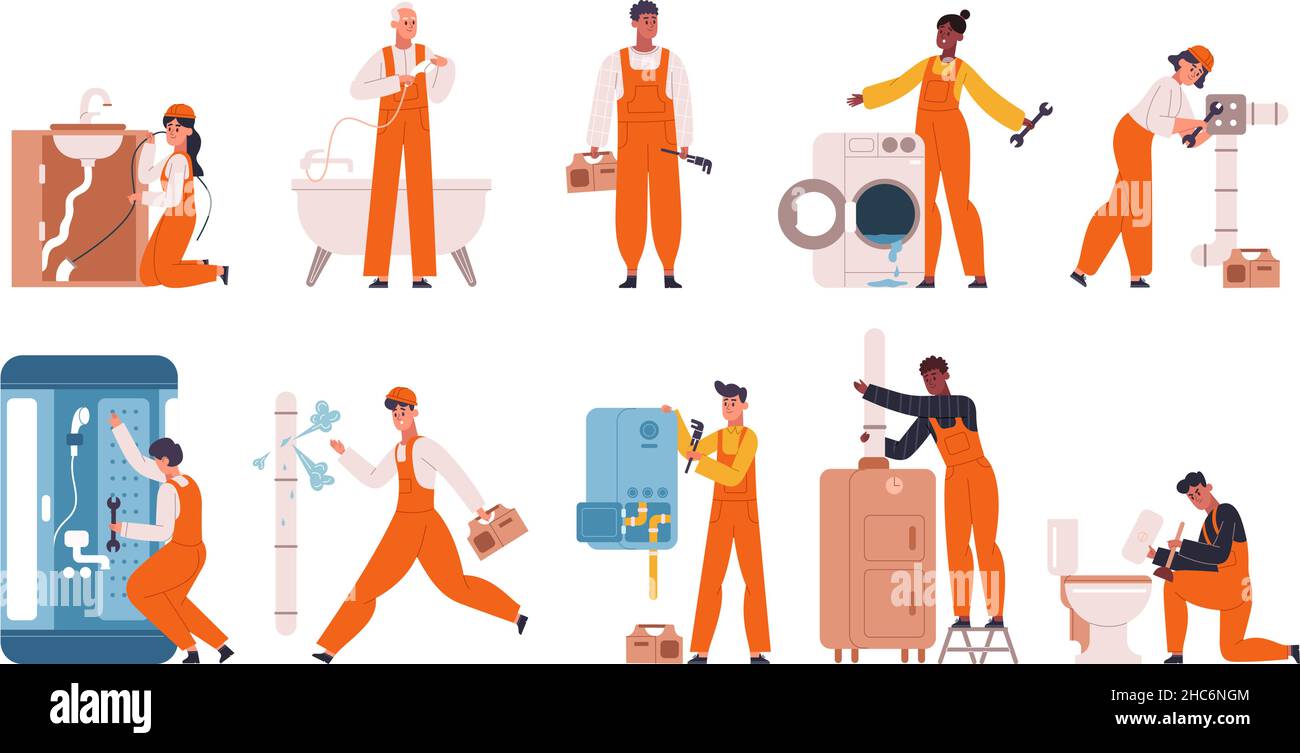 Klempner beheben Leckagen, reparieren Rohre und Heizsystem. Startseite Reparatur Meister, Klempner Zeichen Festsetzung Heizung Rohre Vektor Illustration Set Stock Vektor